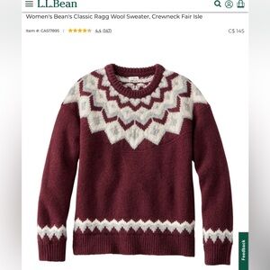 LL Bean's Classic Ragg Wool Sweater, Crewneck Fair Isle